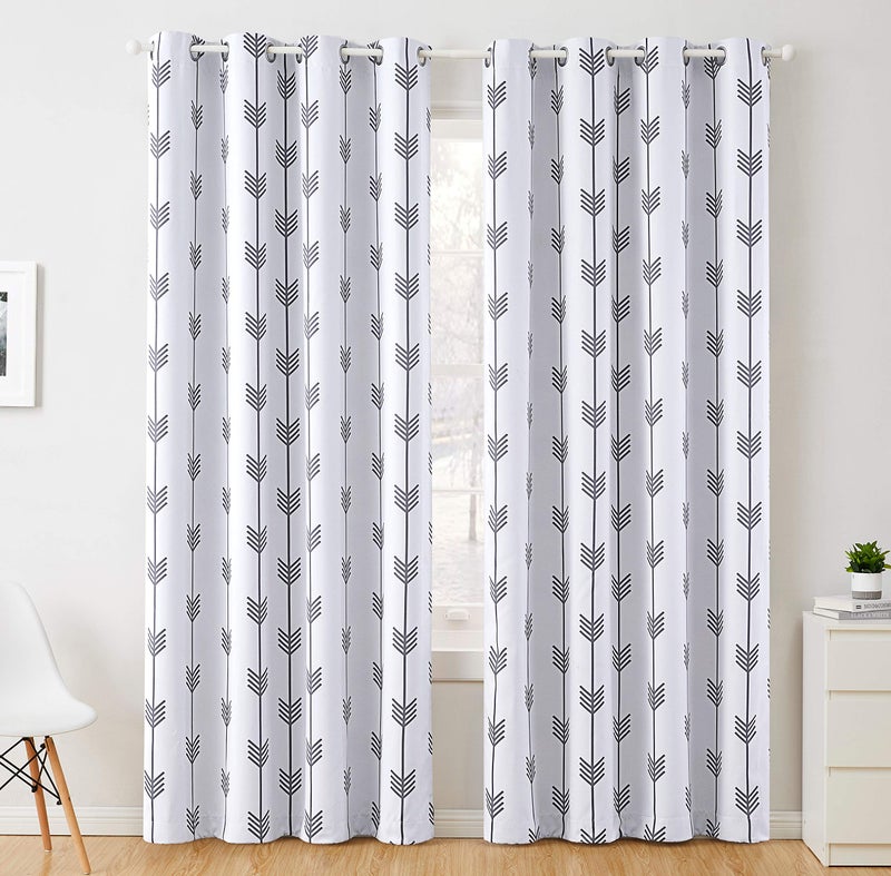 HLC.ME Arrow Printed Privacy Blackout Energy Efficient Room Darkening Thermal Grommet Window Curtain Drape Panels for Kids Bedroom - Set of 2 - Platinum White/Grey - 84" inch Long - Image 1
